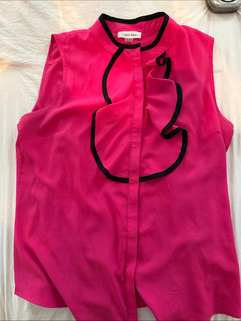 Calvin Klein Hot Pink Sleeveless Ruffle-Front Blouse with Black Trim